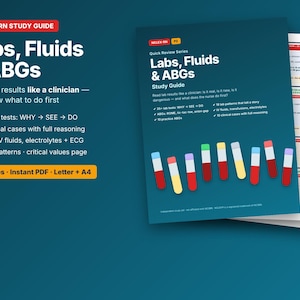 Puede incluir: Una guía de estudio NCLEX-RN de color verde azulado titulada Labs, Fluids & ABGs con un gráfico de tubos de ensayo coloridos en la portada. El documento incluye 32 páginas de contenido clínico, explicaciones de pruebas y casos prácticos.
