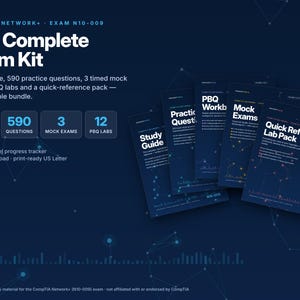 May include: A CompTIA Network+ N10-009 exam study kit featuring a dark blue theme with white text. The bundle includes a study guide, 590 practice questions, 3 mock exams, 12 PBQ labs, a quick-reference pack, and an Excel progress tracker.