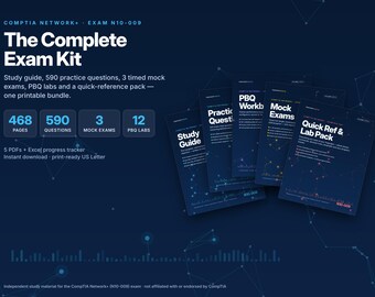 May include: A CompTIA Network+ N10-009 exam study kit featuring a dark blue theme with white text. The bundle includes a study guide, 590 practice questions, 3 mock exams, 12 PBQ labs, a quick-reference pack, and an Excel progress tracker.