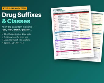 Drug Suffixes Cheat Sheet PTCE | Pharmacy Technician Study Guide | Drug Classes | Memory Tricks | Printable PDF