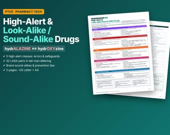 High Alert Medications Cheat Sheet | Look Alike Sound Alike Drugs | Tall Man Lettering | PTCE Study Guide | Pharmacy Technician PDF