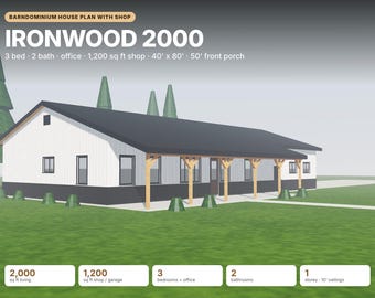 Ironwood 2000 Barndominium Plan, 3 Bed 2 Bath + Shop, 40x80 (PDF, DXF, 3D Model)