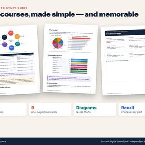 May include: An illustrated study guide featuring three pages of educational content with diagrams, charts, and text. The header reads: Illustrated Study Guide, All 9 courses, made simple &mdash; and memorable. Includes 50+ memory hooks, 9 one-page cheat cards, diagrams, and recall checks.