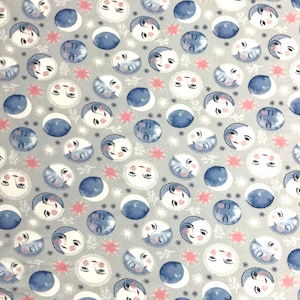 Double Brushed Poly Fun Smiling Moon Print Fabric ~ children DBP ~ half meter ~ Kids Print, kids pajamas, pajama prints ~ Polyester Spandex