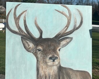 FARMHOUSE DECOR Deer -  “Jakes Buck” Handpainted Winter Buck/ Neutral Color/ Large Original Painting on Distressed Wood