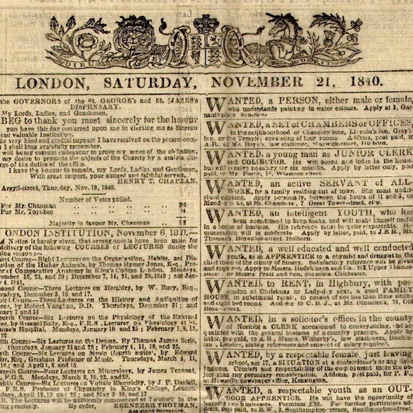 1840 Ausgabe der Times, London. Antike Zeitung.