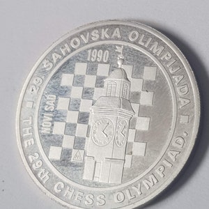 100 Dinara Yugoslavian silver commemorative chess coin, 1990. 29th Chess Olympiad.