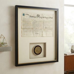 May include: A framed historical document titled Victoria by the Grace of God, featuring a cream-colored mat and a black frame with gold trim. Below the document, a circular bronze-colored seal is mounted within a recessed shadow box display.