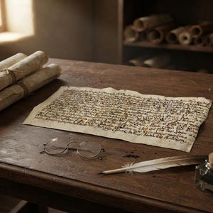 以下が含まれることがあります： 古びた羊皮紙の巻物、黒インクで手書きされた平らな文書、丸い金属フレームの眼鏡、白い羽ペン、コルク栓付きのガラス製インク壺、赤い封蝋、金属製のスタンプが置かれた木製の机の上の様子。