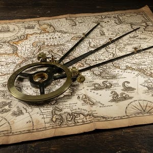 May include: An antique brass and black navigational tool, possibly a proportional compass, rests on a vintage map. The map features detailed illustrations of ships, sea monsters, and cartographic elements, with a weathered, aged appearance.