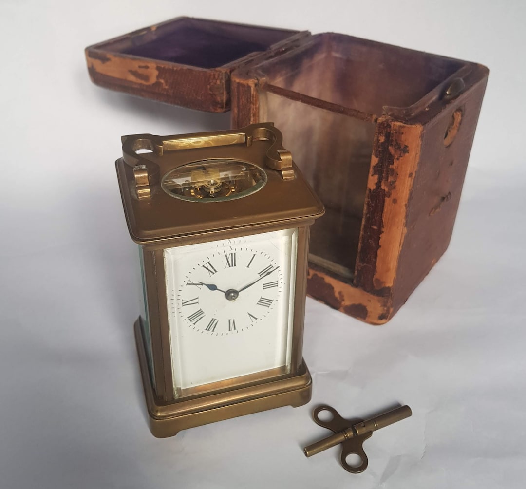 Antique Brass French Carriage Clock With Travel Case and Key. Excellent
