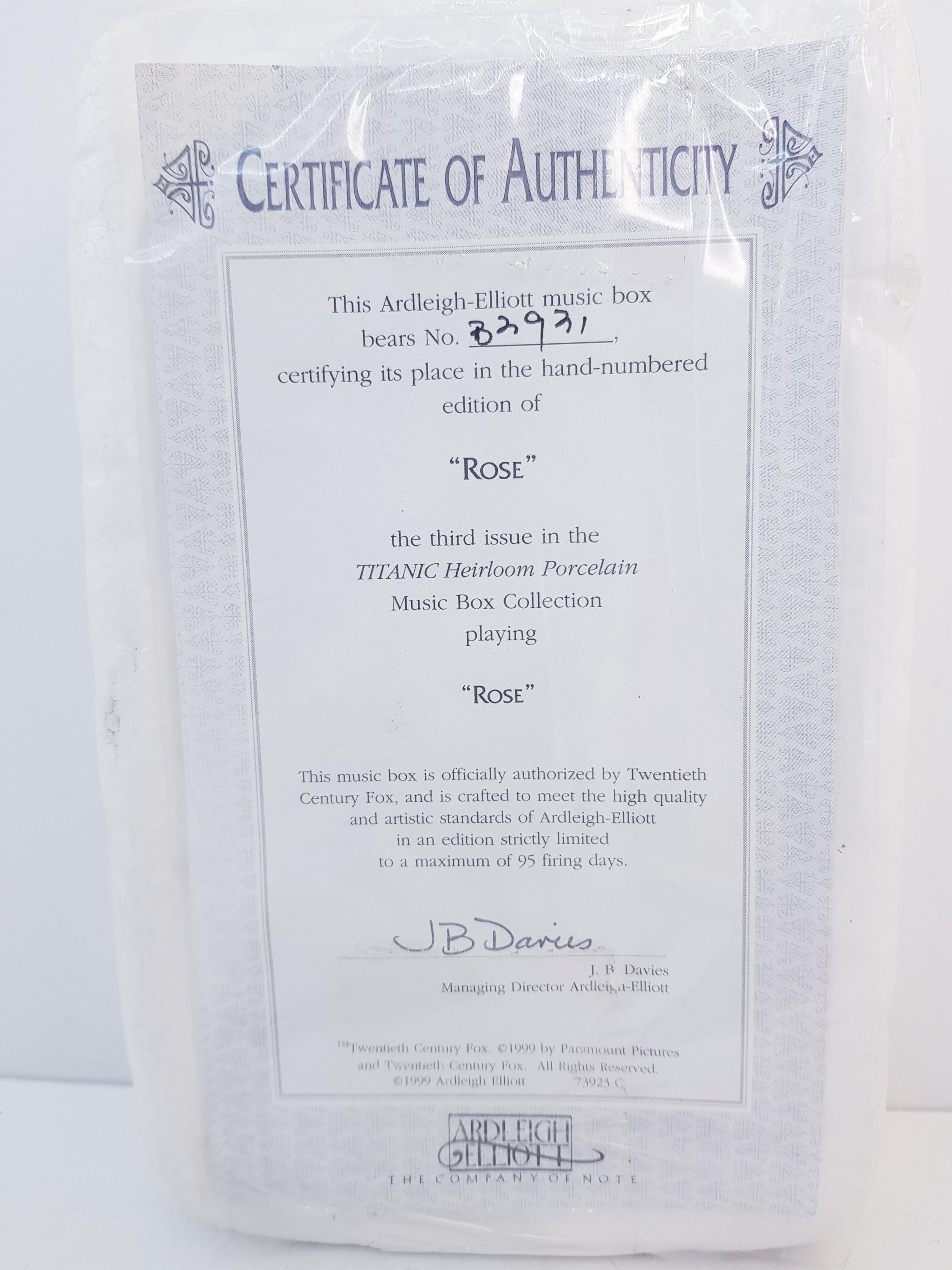Rose - ''titanic'' Ardleigh Elliott Music Box With Certificate of
