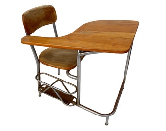 Weathered Mid Century Birch Wood & Tubular Steel Desk by Heywood Wakefield - With Book Rack