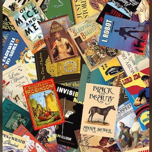 May include: A collage of vintage book covers, featuring titles like "Moby Dick," "Black Beauty," and "I, Robot." The covers display various colors and illustrations, including a horse, a ship, and historical figures. The arrangement creates a nostalgic, literary theme.