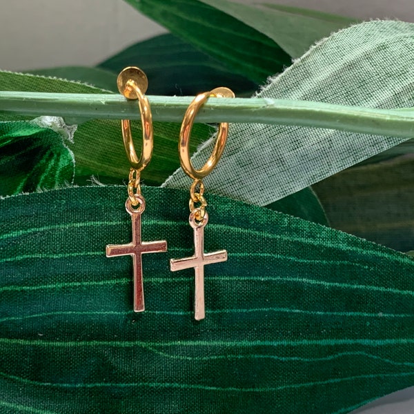 Gold Cross dangle Clip on earrings, girls dangle Earrings,  Clip on Hoop earrings, Cross Dangle Earrings