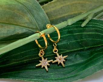 Rhinestone Star hoop dangle Clip on earrings, girls dangle Earrings,  Clip on Hoop earrings, Star Dangle Earrings