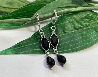 Black Rhinestone hoop dangle Clip on earrings, girls dangle Earrings,  Clip on Hoop earrings, Black Dangle Earrings