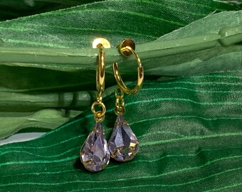 Light Purple Rhinestone hoop dangle Clip on earrings, girls dangle Earrings,  purple Clip on Hoop earrings, Rhinestone Dangle Earrings