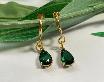 Dark Green Rhinestone hoop dangle Clip on earrings, girls dangle Earrings,  Clip on Hoop earrings, Green Dangle Earrings