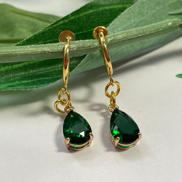 Dark Green Rhinestone hoop dangle Clip on earrings, girls dangle Earrings,  Clip on Hoop earrings, Green Dangle Earrings