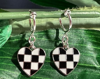 Checkered Heart hoop dangle Clip on earrings, girls dangle Earrings,  Clip on Hoop earrings, Heart Dangle Earrings