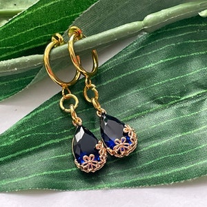 Dark Blue Rhinestone hoop dangle Clip on earrings, girls dangle Earrings,  Clip on Hoop earrings, Rhinestone Dangle Earrings