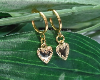 Gold Tone Heart Dangle Clip On Hoop Earrings