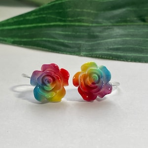 Rainbow Flower Clip on earrings, girls clip on Earrings,  Clip on Flower earrings, Plastic Clip on earrings, non pierced ears