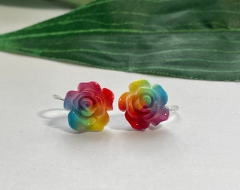 Rainbow Flower Clip on earrings, girls clip on Earrings,  Clip on Flower earrings, Plastic Clip on earrings, non pierced ears