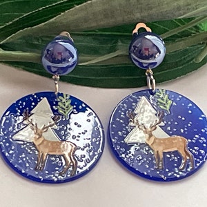 Christmas Reindeer Clip on earrings, girls dangle Earrings,  Clip on  earrings, retro clip on, Christmas earrings