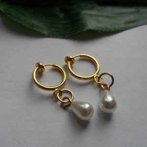 Pearl hoop dangle Clip on earrings, girls dangle Earrings, Clip on Hoop earrings, Pearl Dangle Earrings image 7