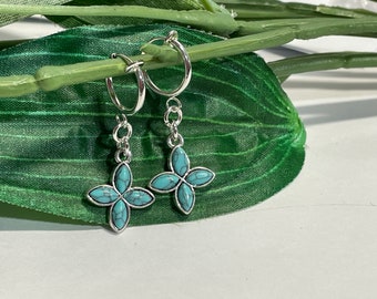 Pendientes colgantes de aro con flor de piedra turquesa, Pendientes colgantes de girasol para niñas, Pendientes de aro con clip