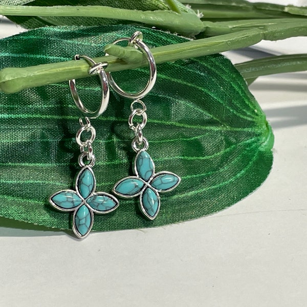 Turquoise Stone Flower hoop dangle Clip on earrings, sunflower girls dangle Earrings,  Clip on Hoop earrings