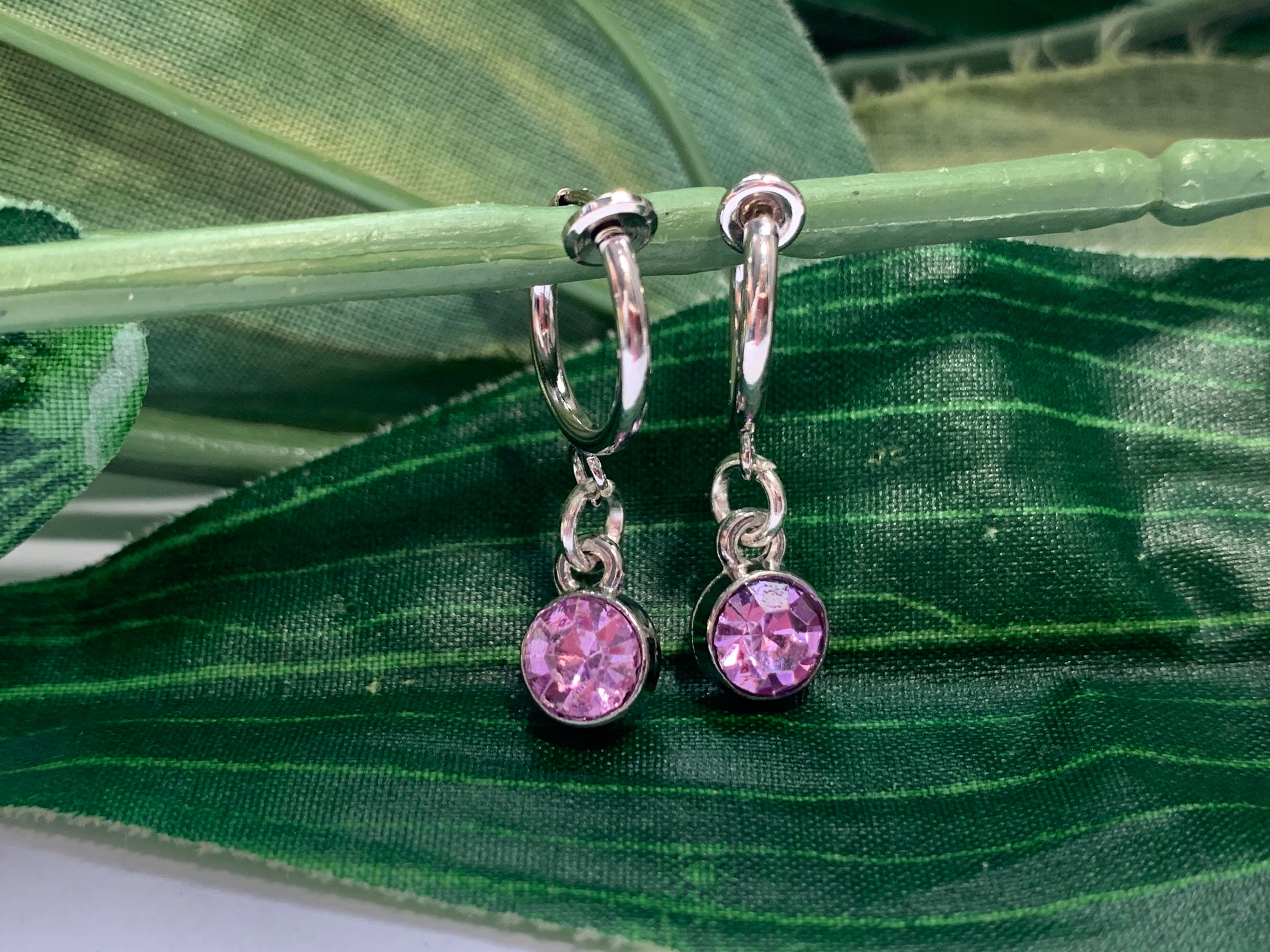 Purple Rhinestone hoop dangle Clip on earrings girls dangle Etsy