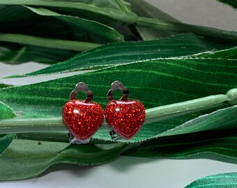 Red Heart Clip on Earrings, Heart earrings, girls earrings, clip on earrings, red heart earrings, valentines clip on earrings