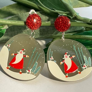 Christmas Santa Clip on earrings, girls dangle Earrings,  Clip on  earrings, retro clip on, Christmas earrings