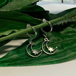 Moon & Star hoop dangle Clip on earrings, girls dangle Earrings,  Clip on Hoop earrings, Star Dangle Earrings