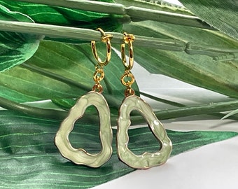 Green Irregular Hoop dangle Clip on earrings, girls dangle Earrings,  Clip on Hoop earrings, Dangle Earrings