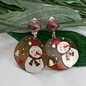 Christmas Snowman Clip on earrings, girls dangle Earrings,  Clip on  earrings, retro clip on, Christmas earrings
