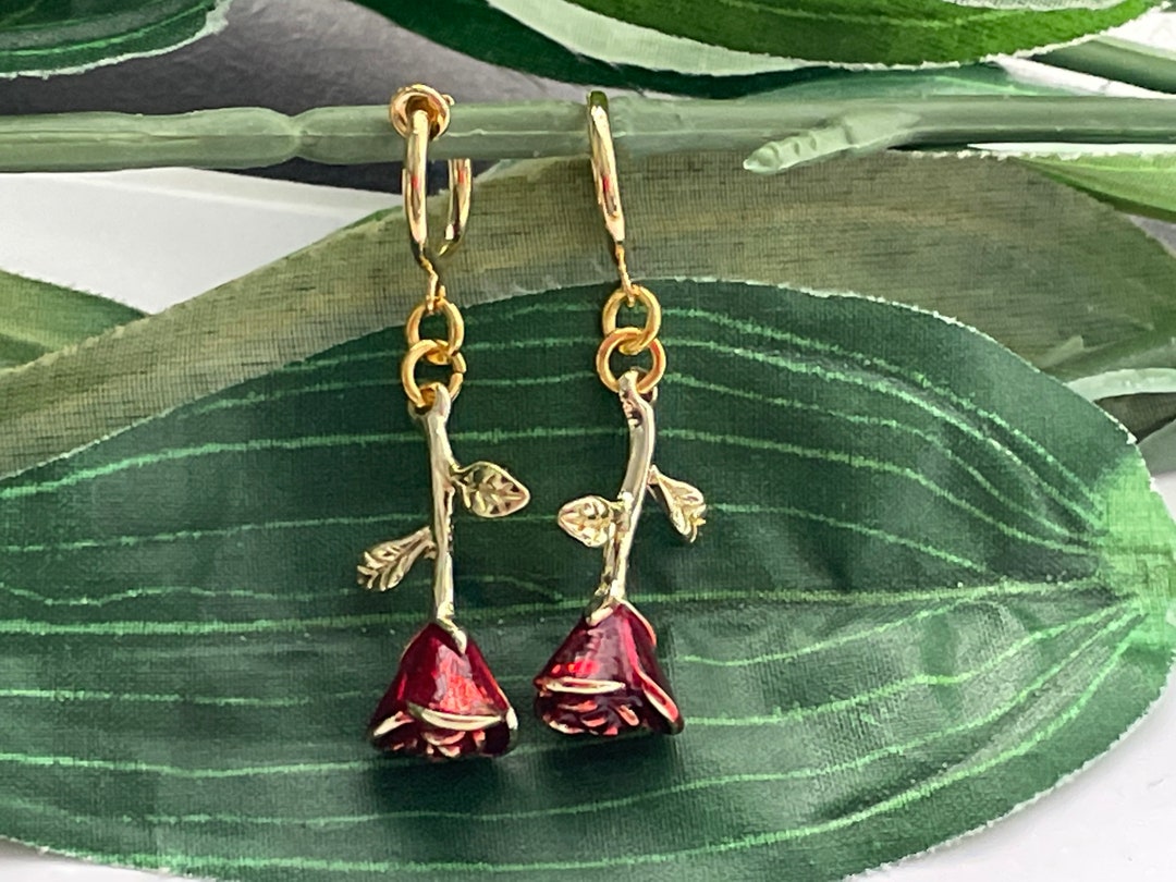 Red Rose Hoop Dangle Clip on Earrings, Girls Dangle Earrings, Red Rose Clip on Hoop Earrings