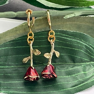 Red Rose hoop dangle Clip on earrings, girls dangle Earrings,  red rose Clip on Hoop earrings, Rhinestone Dangle Earrings