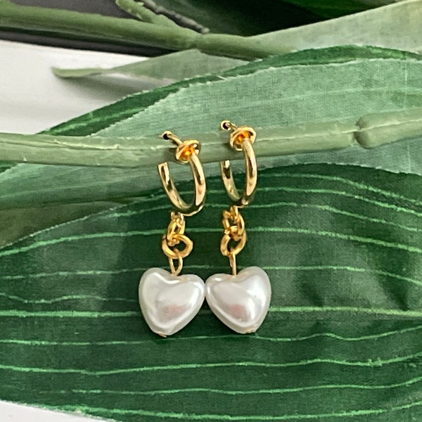 Pearl Heart hoop dangle Clip on earrings, girls dangle Earrings,  Clip on Hoop earrings, Pearl Dangle Earrings