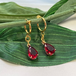 May include: A pair of gold hoop earrings with dangling red teardrop-shaped crystals.