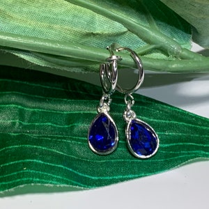 Dark Blue Rhinestone hoop dangle Clip on earrings, girls dangle Earrings,  blue Clip on Hoop earrings, Rhinestone Dangle Earrings