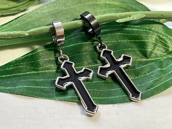 Cuff Gothic Cross Clip on Dangle Earring Boys Cross Dangle