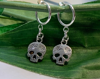 Skull hoop dangle Clip on earrings, girls dangle Earrings,  Clip on Hoop earrings, skull Dangle Earrings