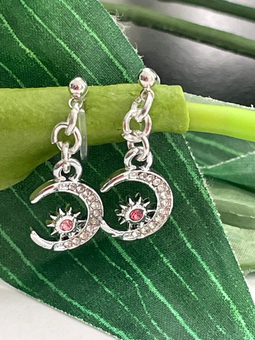 Clip on Rhinestone Moon Dangle Earrings Girls Clip on Etsy