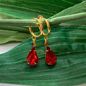 Red Rhinestone hoop dangle Clip on earrings, girls dangle Earrings,  red Clip on Hoop earrings, Rhinestone Dangle Earrings