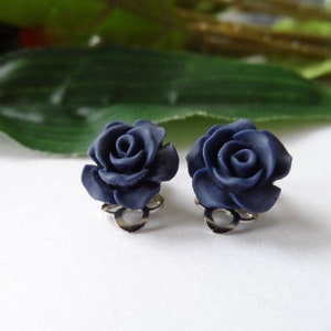 Navy Rose Flower Clip on Earrings, Girls Earrings, Girls Clip on earrings, flower Earrings,Girls Birthday Gift, girls clip on earrings