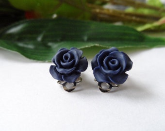 Navy Resin Rose Clip On Earrings: Girls Birthday Gift